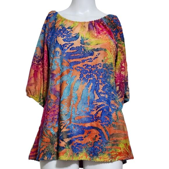 NEW Calessa Abstract Tie Dye Burnout Knit Scoop Neck 3/4 Sleeve Peasant Tunic S - Picture 4 of 11